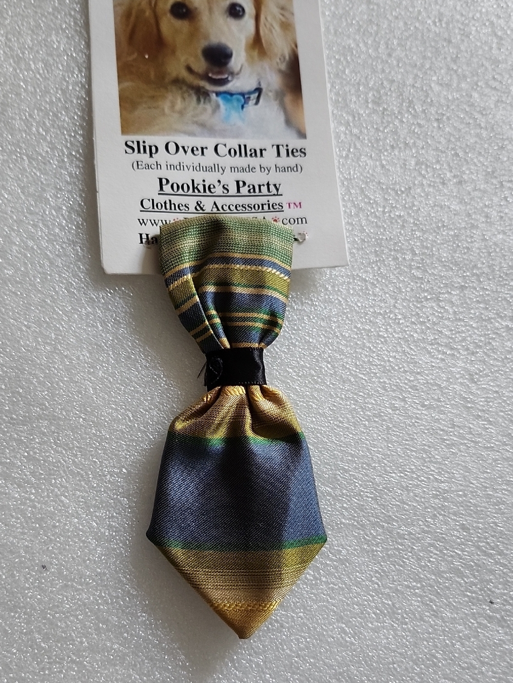 Hand Crafted Green, Gold and Blue Striped Slip-On Dog Collar Tie
